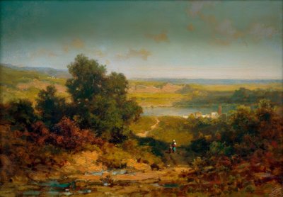 Landschap met dorp en rivier door Carl Spitzweg